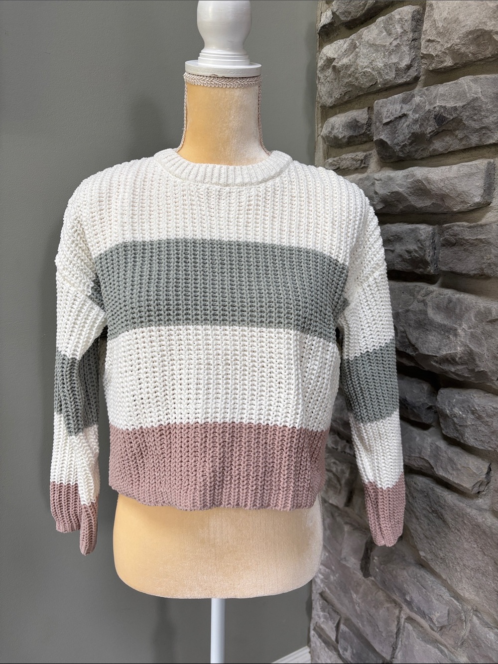 Blue Rain Striped Sweater - White, Sage Green & Dusty Pink, NWOT, XS